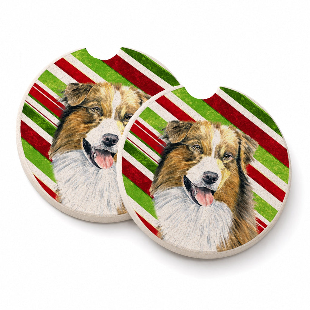 Australian Shepherd Candy Cane Holiday Christmas Set of 2 Cup Holder Car Coasters Absorbent Round Sandstone Coasters Gifts for Men or Women, 2.5, Multicolor