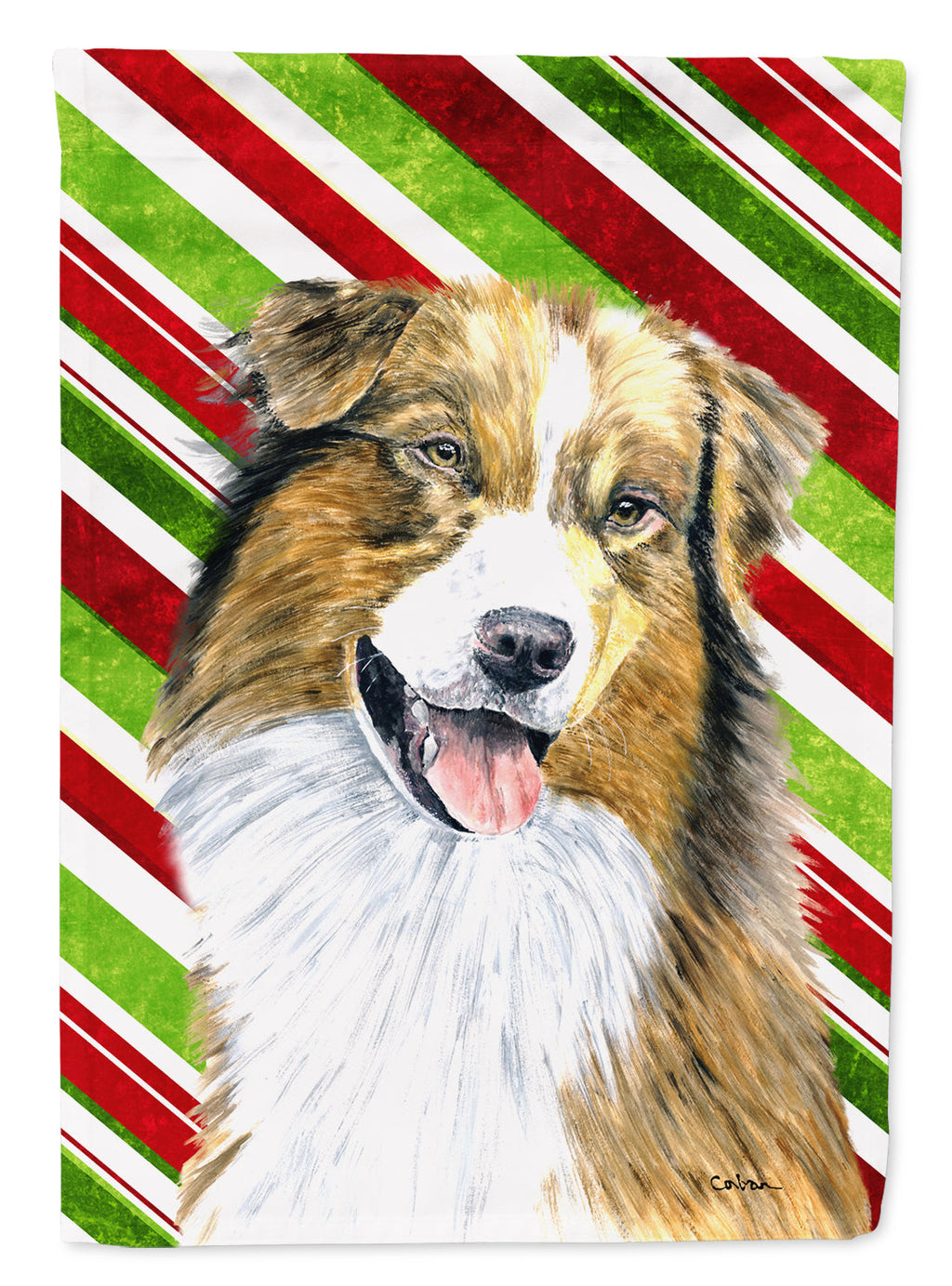 Australian Shepherd Candy Cane Holiday Christmas House Flag 28x40 Porch Sleeve Pole Decorative Outside Yard Banner Artwork Wall Hanging, Polyester