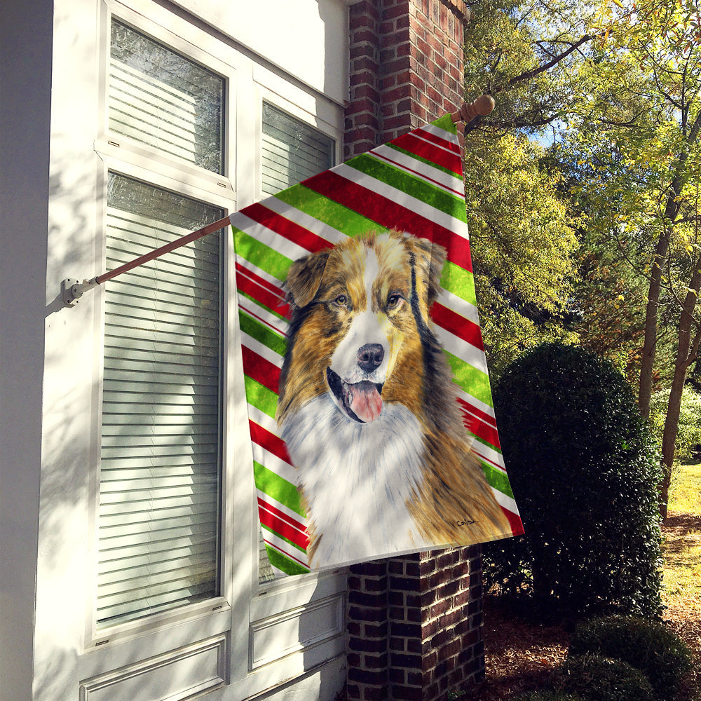 Australian Shepherd Candy Cane Holiday Christmas House Flag 28x40 Porch Sleeve Pole Decorative Outside Yard Banner Artwork Wall Hanging, Polyester