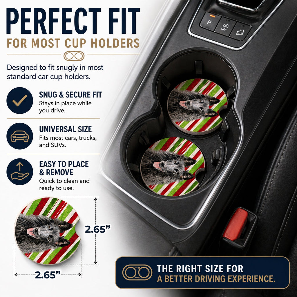 Belgian Sheepdog Candy Cane Holiday Christmas Set of 2 Cup Holder Car Coasters Absorbent Round Sandstone Coasters Gifts for Men or Women, 2.5, Multicolor