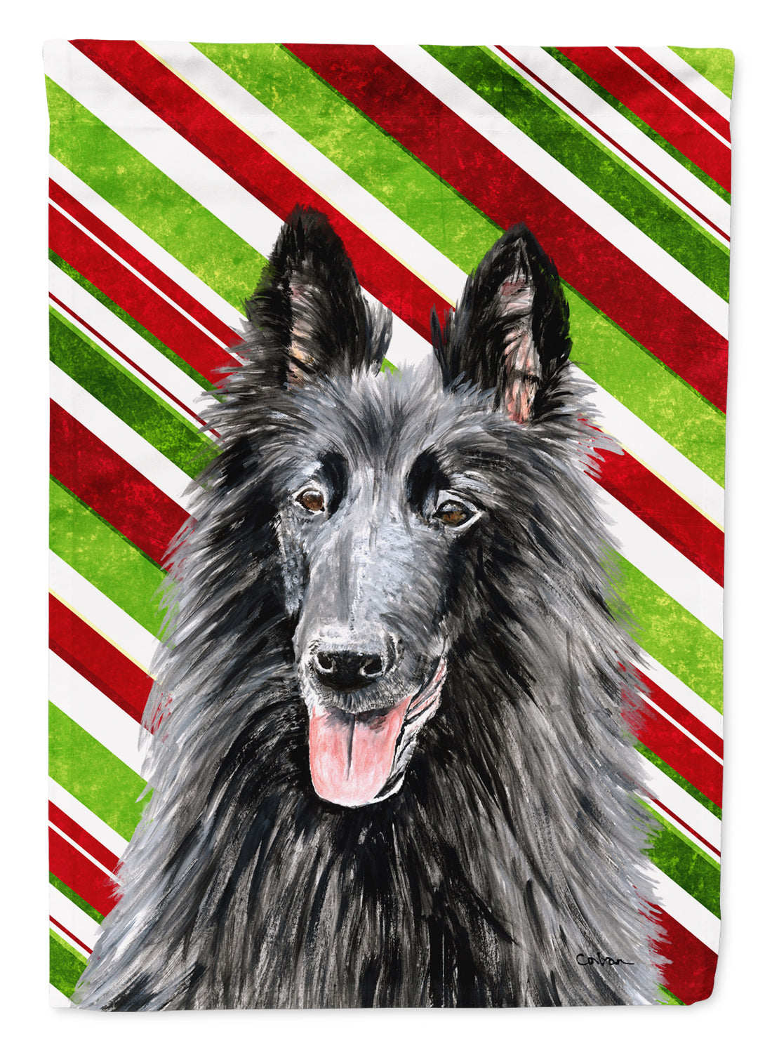 Belgian Sheepdog Candy Cane Holiday Christmas House Flag 28x40 Porch Sleeve Pole Decorative Outside Yard Banner Artwork Wall Hanging, Polyester