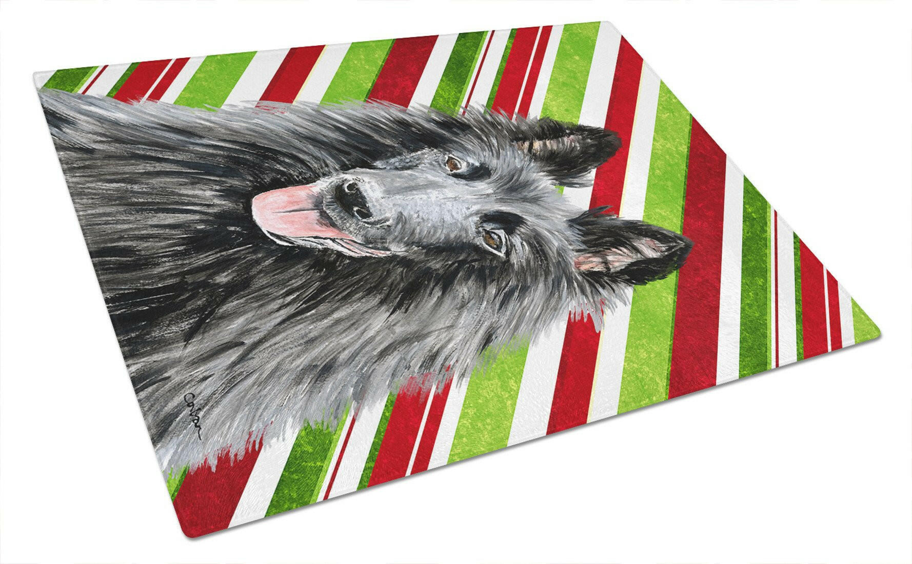 Belgian Sheepdog Candy Cane Holiday Christmas Cutting Board Tempered Glass Kitchen Cutting Surface, Heat Resistant Chopping, Non-Slip Feet, Food Prep & Serving