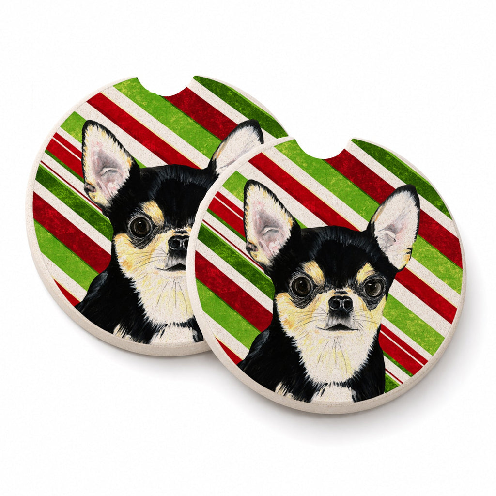 Chihuahua Candy Cane Holiday Christmas Set of 2 Cup Holder Car Coasters Absorbent Round Sandstone Coasters Gifts for Men or Women, 2.5, Multicolor