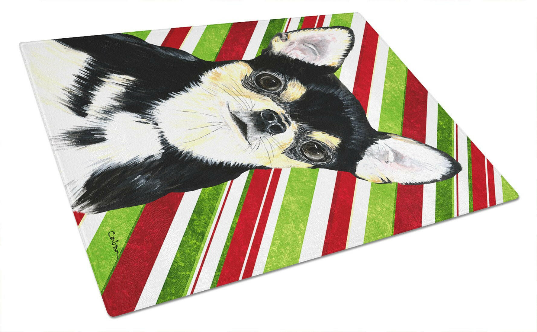 Chihuahua Candy Cane Holiday Christmas Cutting Board Tempered Glass Kitchen Cutting Surface, Heat Resistant Chopping, Non-Slip Feet, Food Prep & Serving