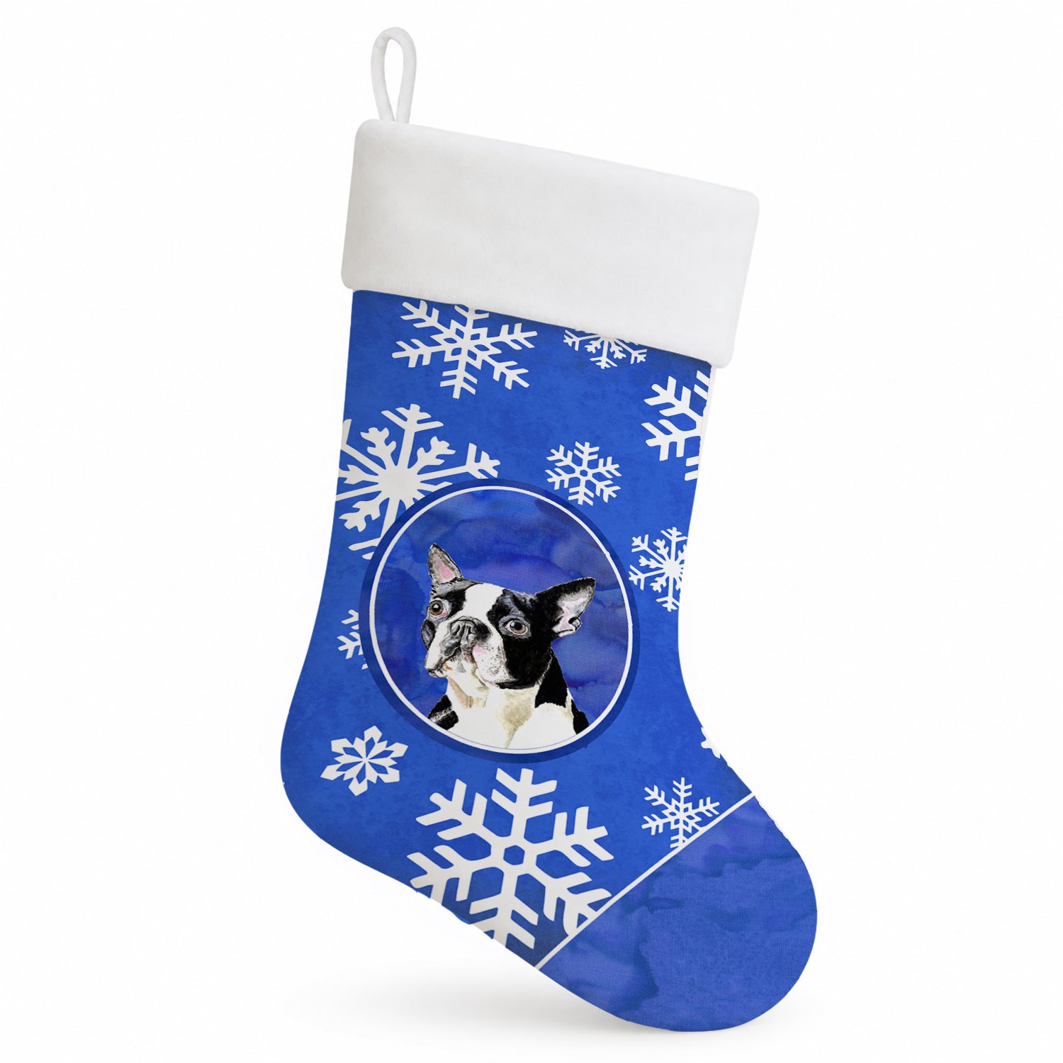Boston Terrier Winter Snowflakes Holiday Holiday Stocking Double-Sided Print, Polyester Suede,11x18, Made in USA