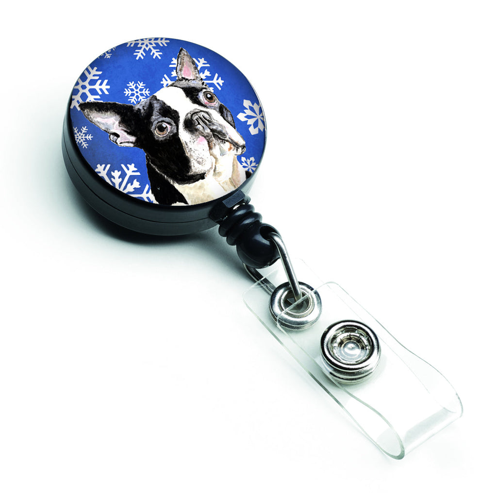 Boston Terrier Winter Snowflakes Holiday Retractable Badge Reel for Nurses ID Badge Holder with Clip Retractable Employee Badge Holder, Belt Clip