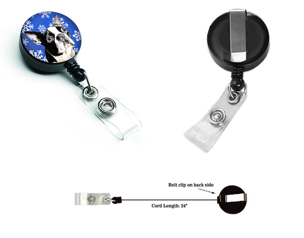 Boston Terrier Winter Snowflakes Holiday Retractable Badge Reel for Nurses ID Badge Holder with Clip Retractable Employee Badge Holder, Belt Clip