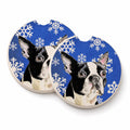 Boston Terrier Winter Snowflakes Holiday Set of 2 Cup Holder Car Coasters Absorbent Round Sandstone Coasters Gifts for Men or Women, 2.5, Multicolor