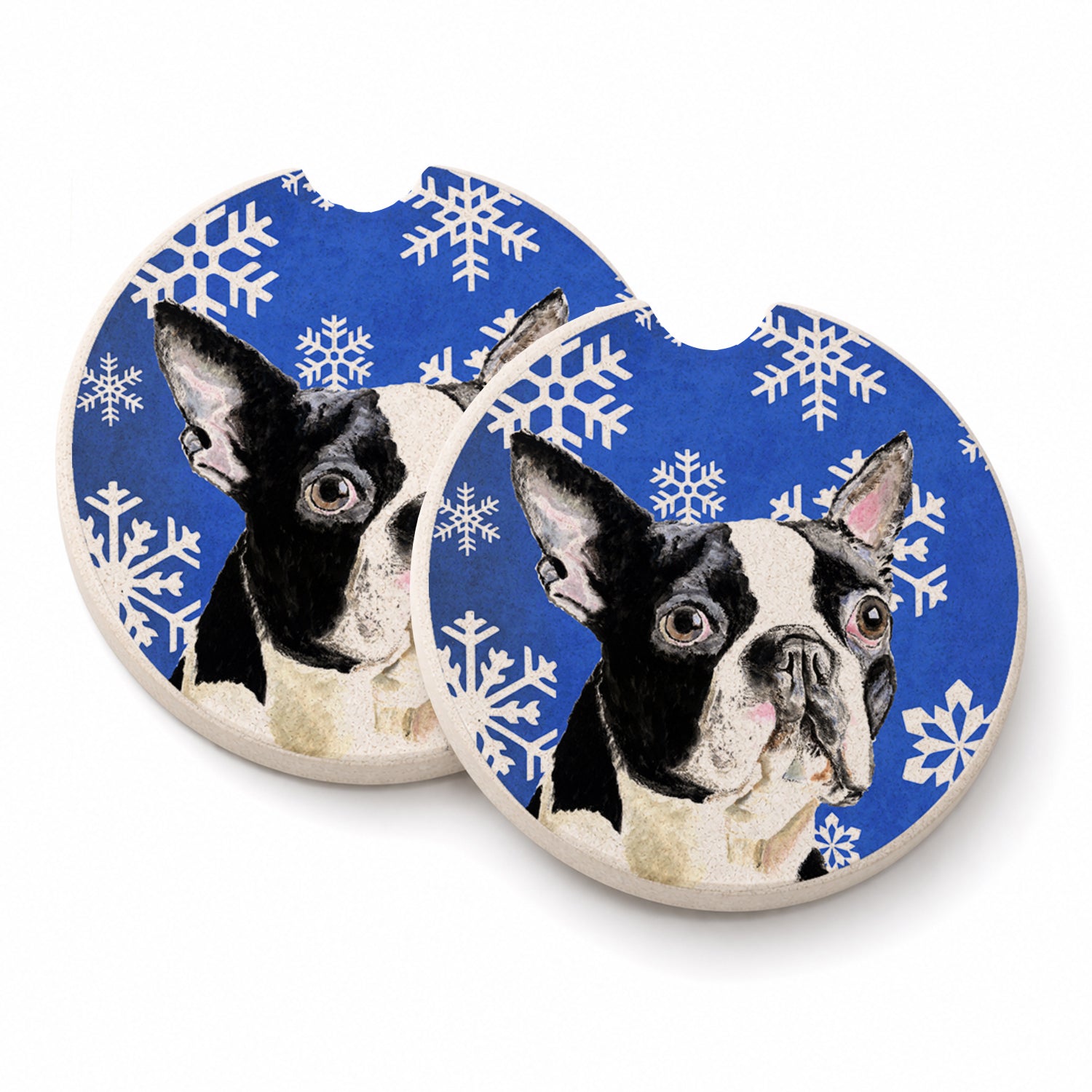 Boston Terrier Winter Snowflakes Holiday Set of 2 Cup Holder Car Coasters Absorbent Round Sandstone Coasters Gifts for Men or Women, 2.5, Multicolor