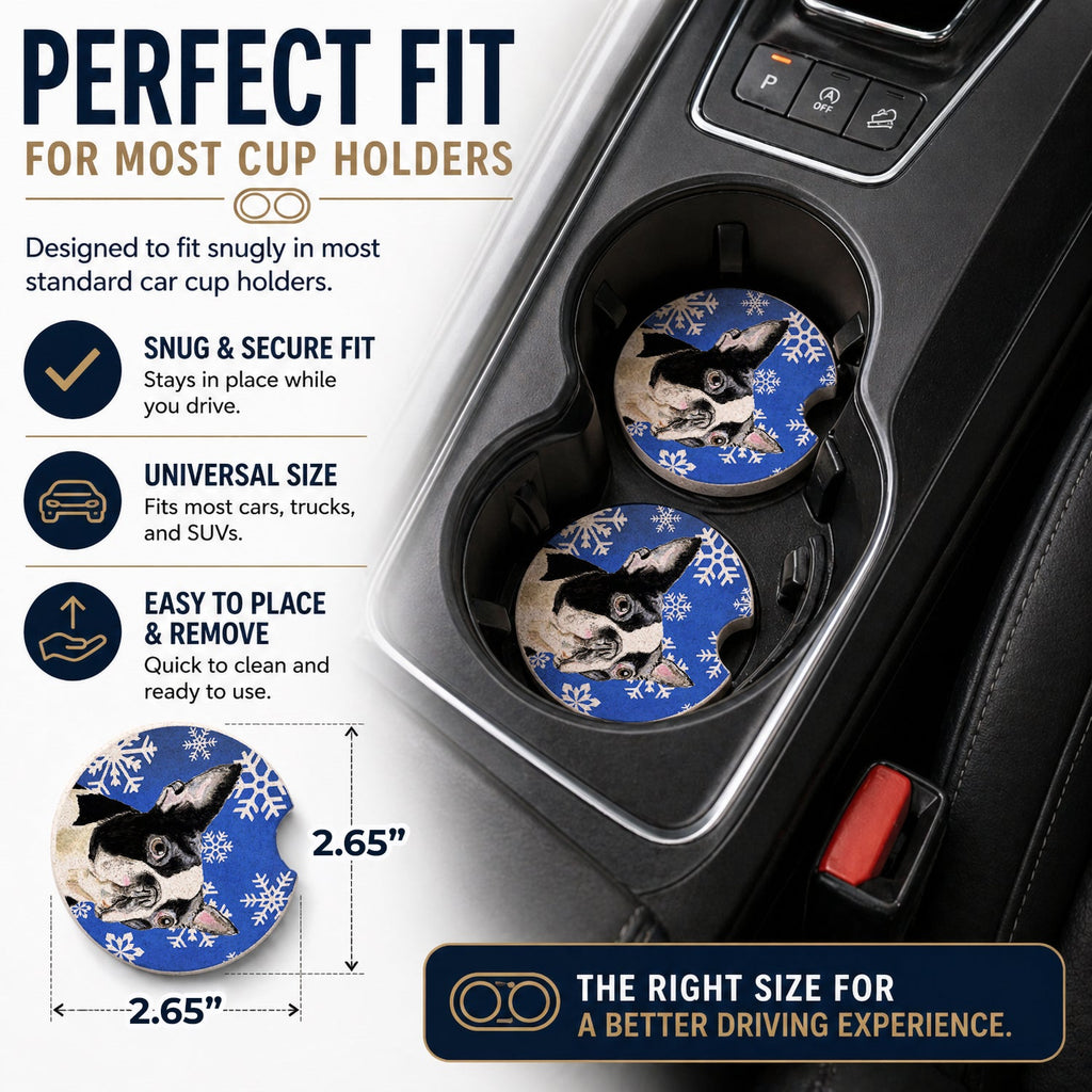 Boston Terrier Winter Snowflakes Holiday Set of 2 Cup Holder Car Coasters Absorbent Round Sandstone Coasters Gifts for Men or Women, 2.5, Multicolor