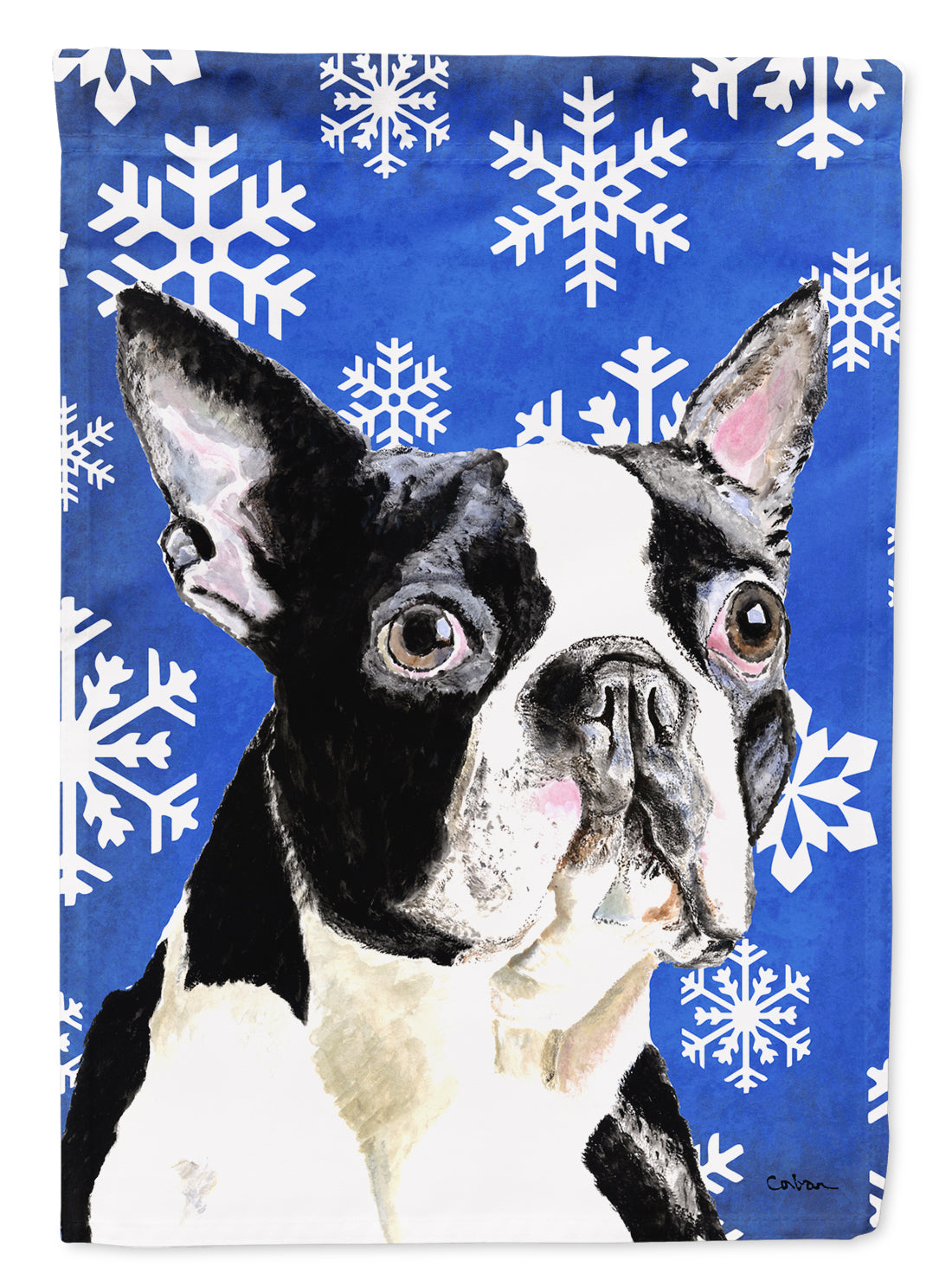 Boston Terrier Winter Snowflakes Holiday House Flag 28x40 Porch Sleeve Pole Decorative Outside Yard Banner Artwork Wall Hanging, Polyester