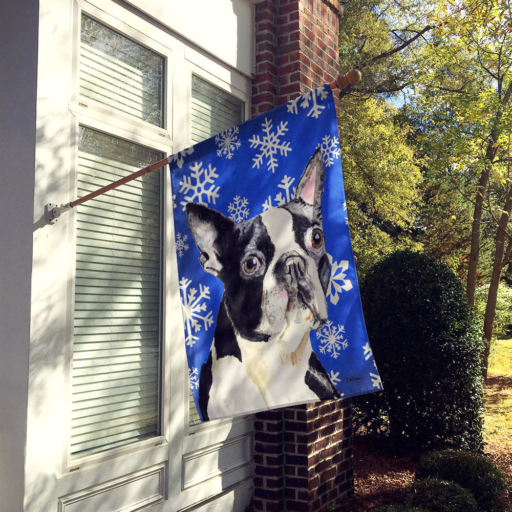 Boston Terrier Winter Snowflakes Holiday House Flag 28x40 Porch Sleeve Pole Decorative Outside Yard Banner Artwork Wall Hanging, Polyester