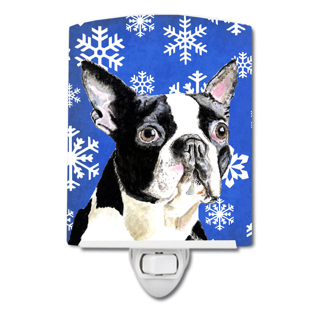 Boston Terrier Winter Snowflakes Holiday Ceramic Night Light Compact, UL-Certified, Ideal for Bedroom, Bathroom, Nursery, Hallway, Kitchen, 6x4x3, Multicolor