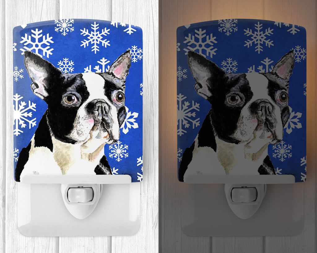 Boston Terrier Winter Snowflakes Holiday Ceramic Night Light Compact, UL-Certified, Ideal for Bedroom, Bathroom, Nursery, Hallway, Kitchen, 6x4x3, Multicolor