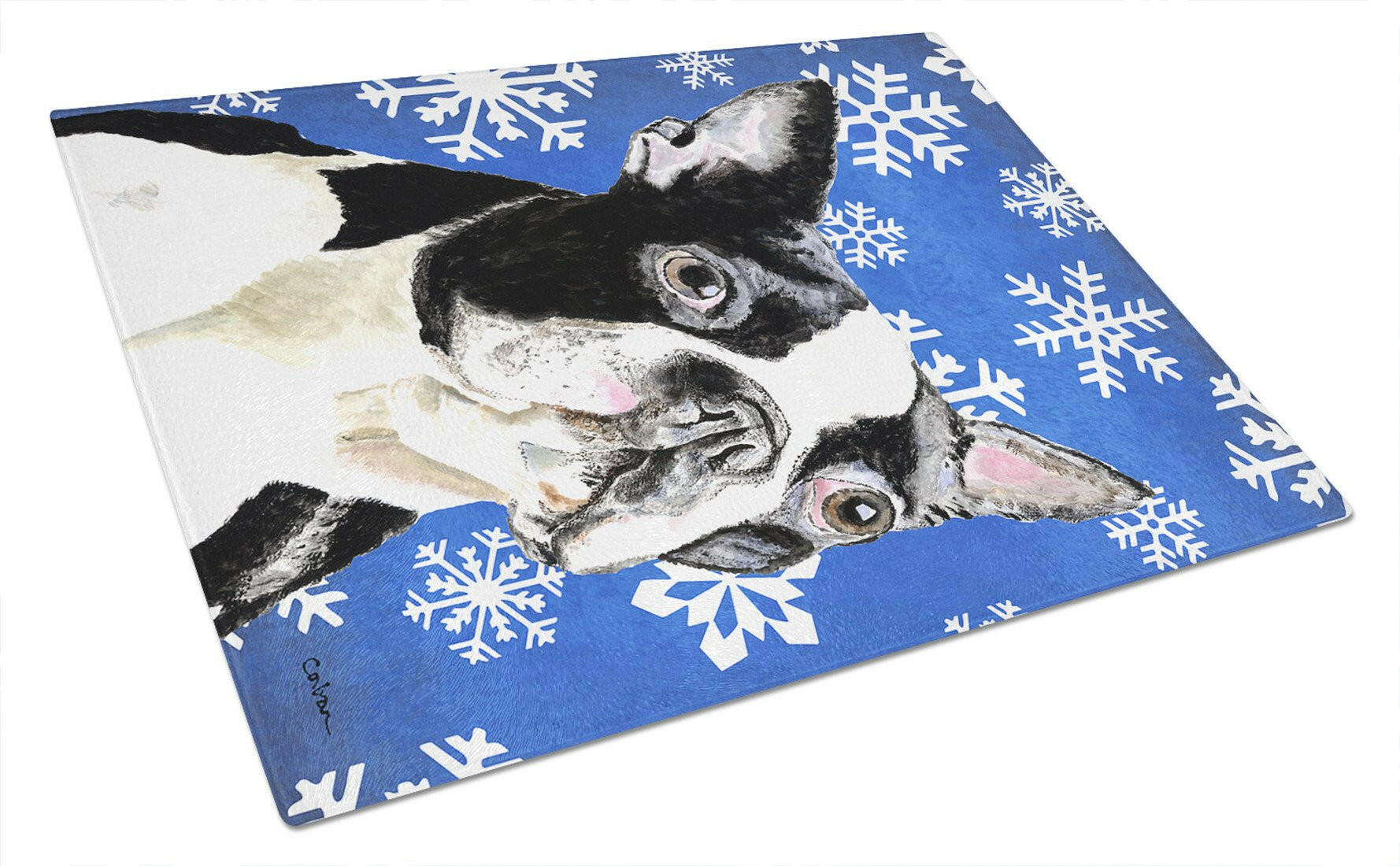 Boston Terrier Winter Snowflakes Holiday Cutting Board Tempered Glass Kitchen Cutting Surface, Heat Resistant Chopping, Non-Slip Feet, Food Prep & Serving