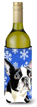 Boston Terrier Winter Snowflakes Holiday Wine Bottle Hugger Gift Sleeve for Standard 750 ml Bottles, Insulated Reusable Also Fits Mini Shot & Pint Bottles
