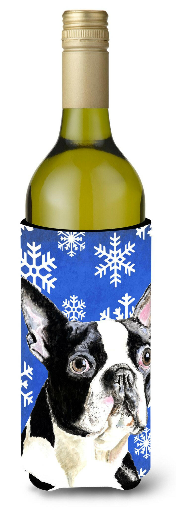 Boston Terrier Winter Snowflakes Holiday Wine Bottle Hugger Gift Sleeve for Standard 750 ml Bottles, Insulated Reusable Also Fits Mini Shot & Pint Bottles
