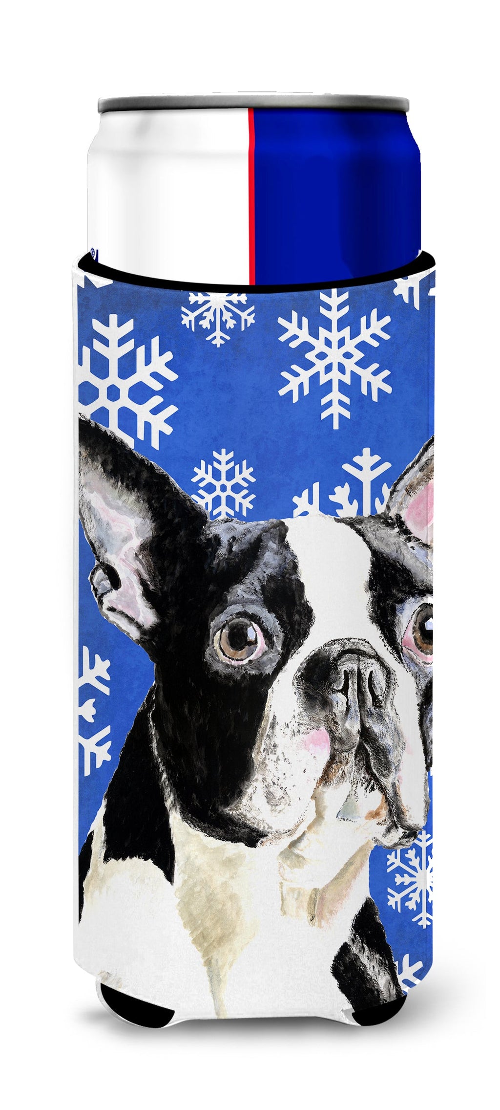 Boston Terrier Winter Snowflakes Holiday Slim Can Hugger , Insulated Foam Hugger for 12 oz Slim Cans, Beer Bottles & Water Bottles, Printed in USA