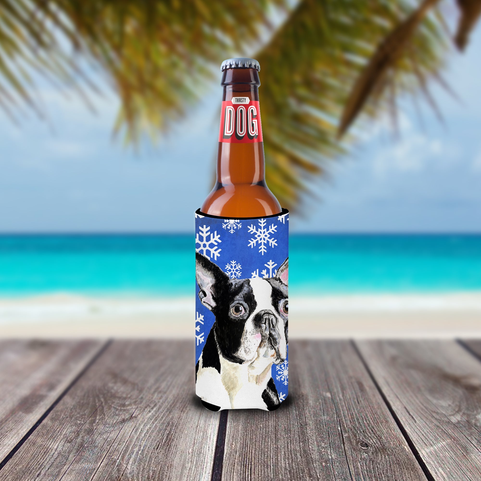 Boston Terrier Winter Snowflakes Holiday Slim Can Hugger , Insulated Foam Hugger for 12 oz Slim Cans, Beer Bottles & Water Bottles, Printed in USA