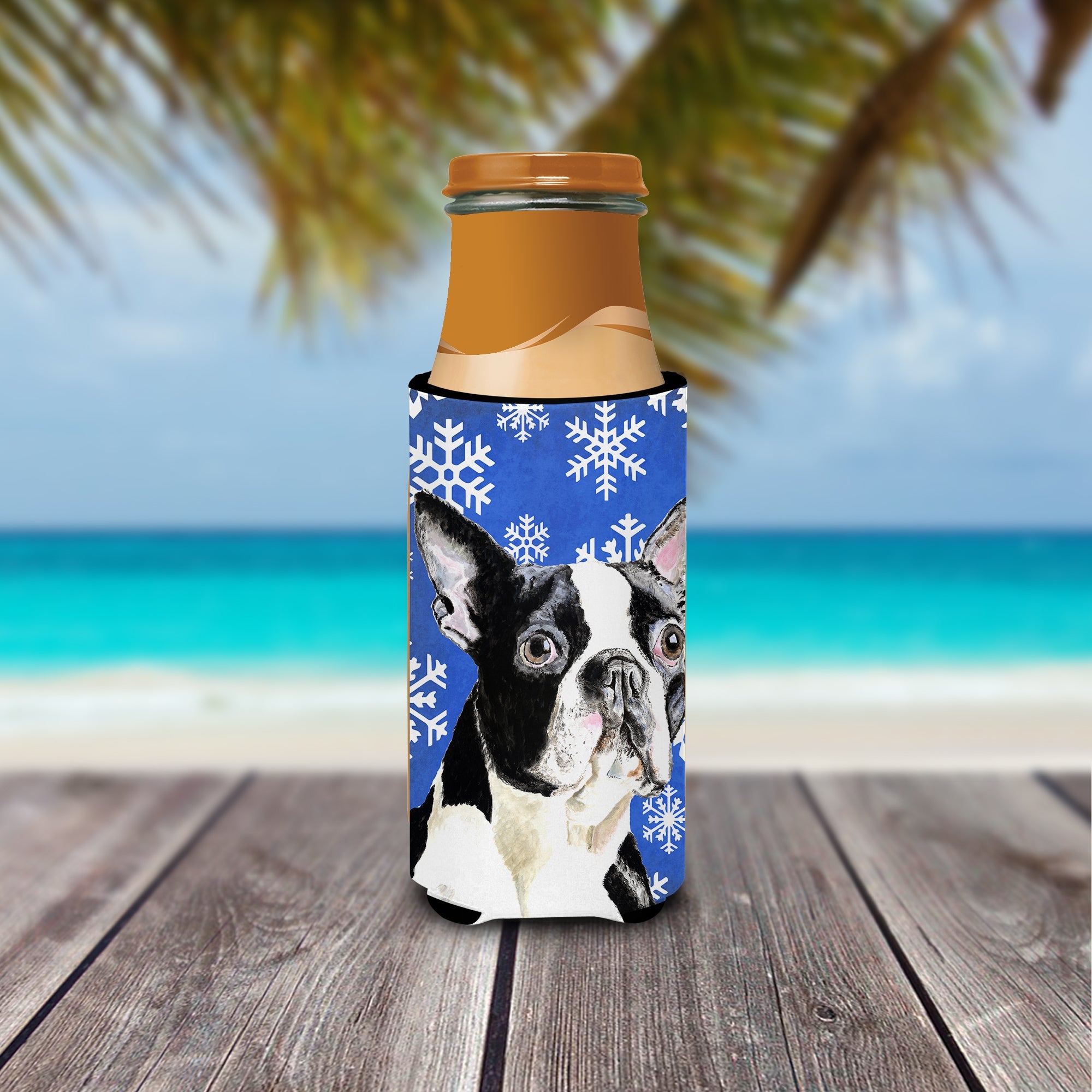 Boston Terrier Winter Snowflakes Holiday Slim Can Hugger , Insulated Foam Hugger for 12 oz Slim Cans, Beer Bottles & Water Bottles, Printed in USA