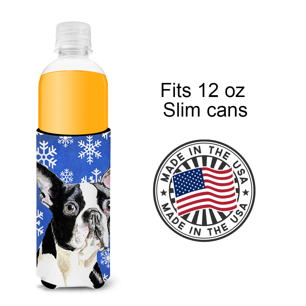 Boston Terrier Winter Snowflakes Holiday Slim Can Hugger , Insulated Foam Hugger for 12 oz Slim Cans, Beer Bottles & Water Bottles, Printed in USA