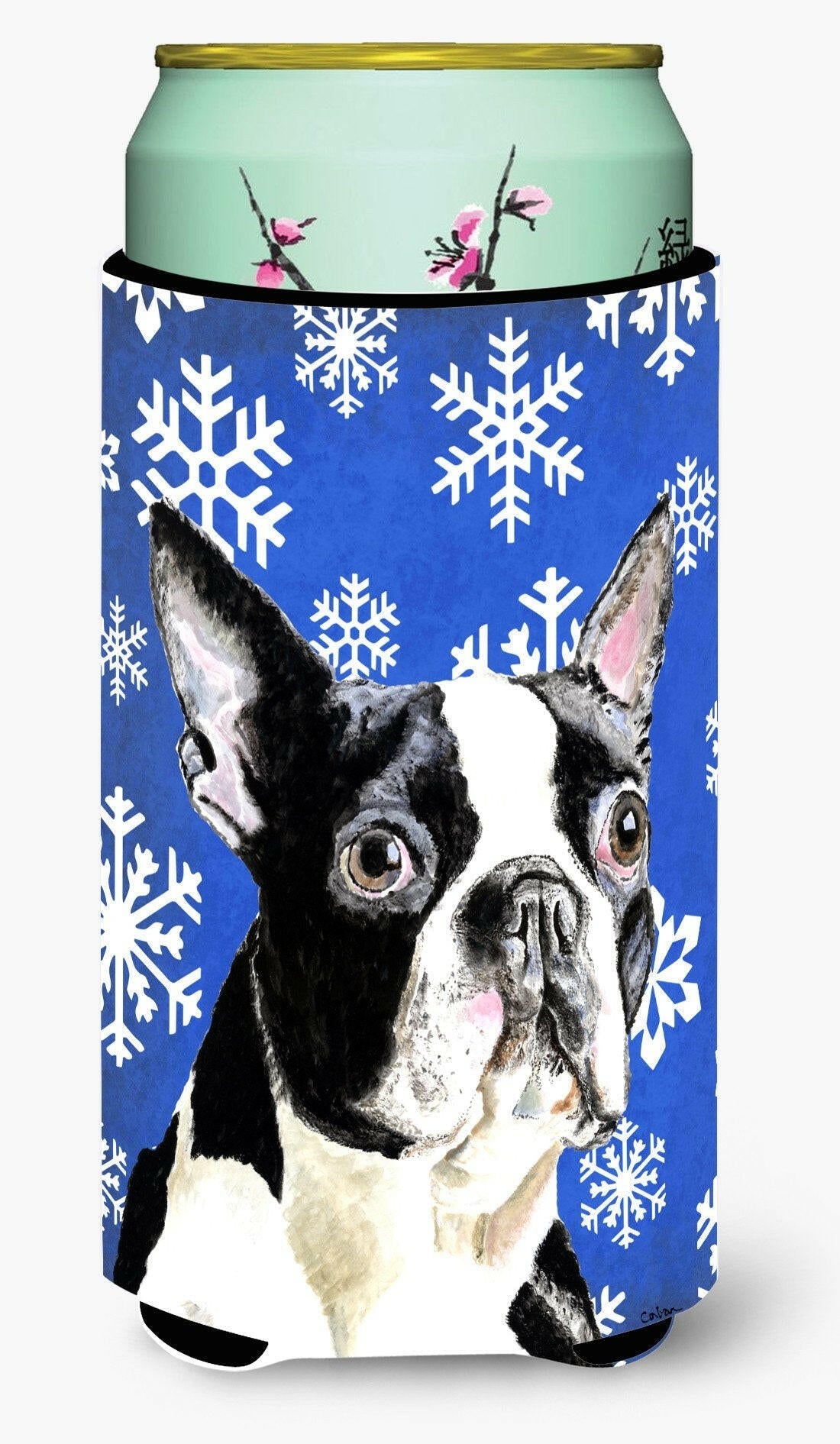 Boston Terrier Winter Snowflakes Holiday Tall Boy Hugger Can Cooler Sleeve Machine Washable Drink Collapsible Insulator Beverage Insulated Holder