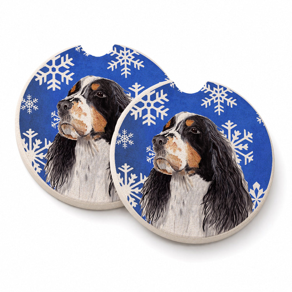 Springer Spaniel Winter Snowflakes Holiday Set of 2 Cup Holder Car Coasters Absorbent Round Sandstone Coasters Gifts for Men or Women, 2.5, Multicolor