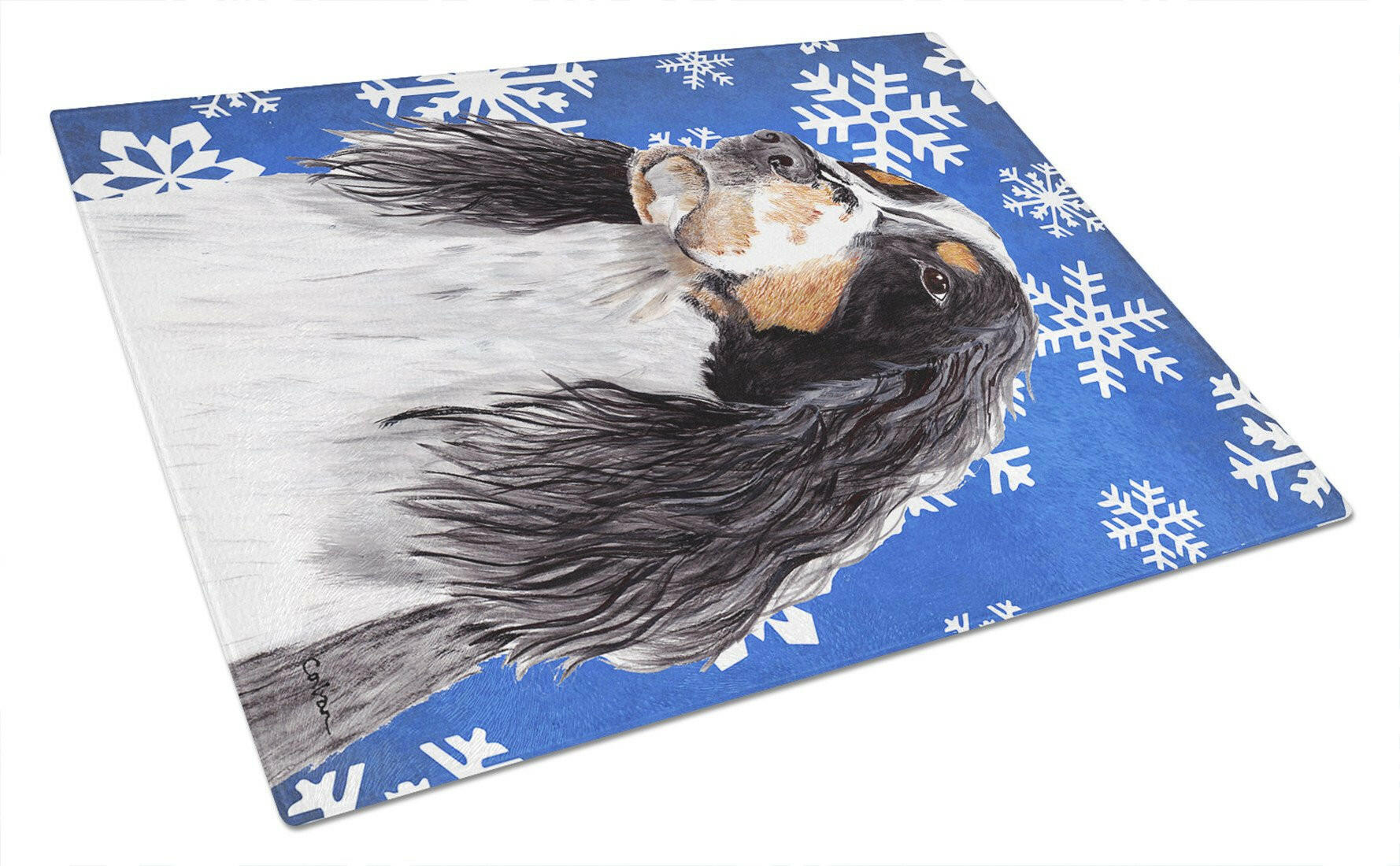 Springer Spaniel Winter Snowflakes Holiday Cutting Board Tempered Glass Kitchen Cutting Surface, Heat Resistant Chopping, Non-Slip Feet, Food Prep & Serving