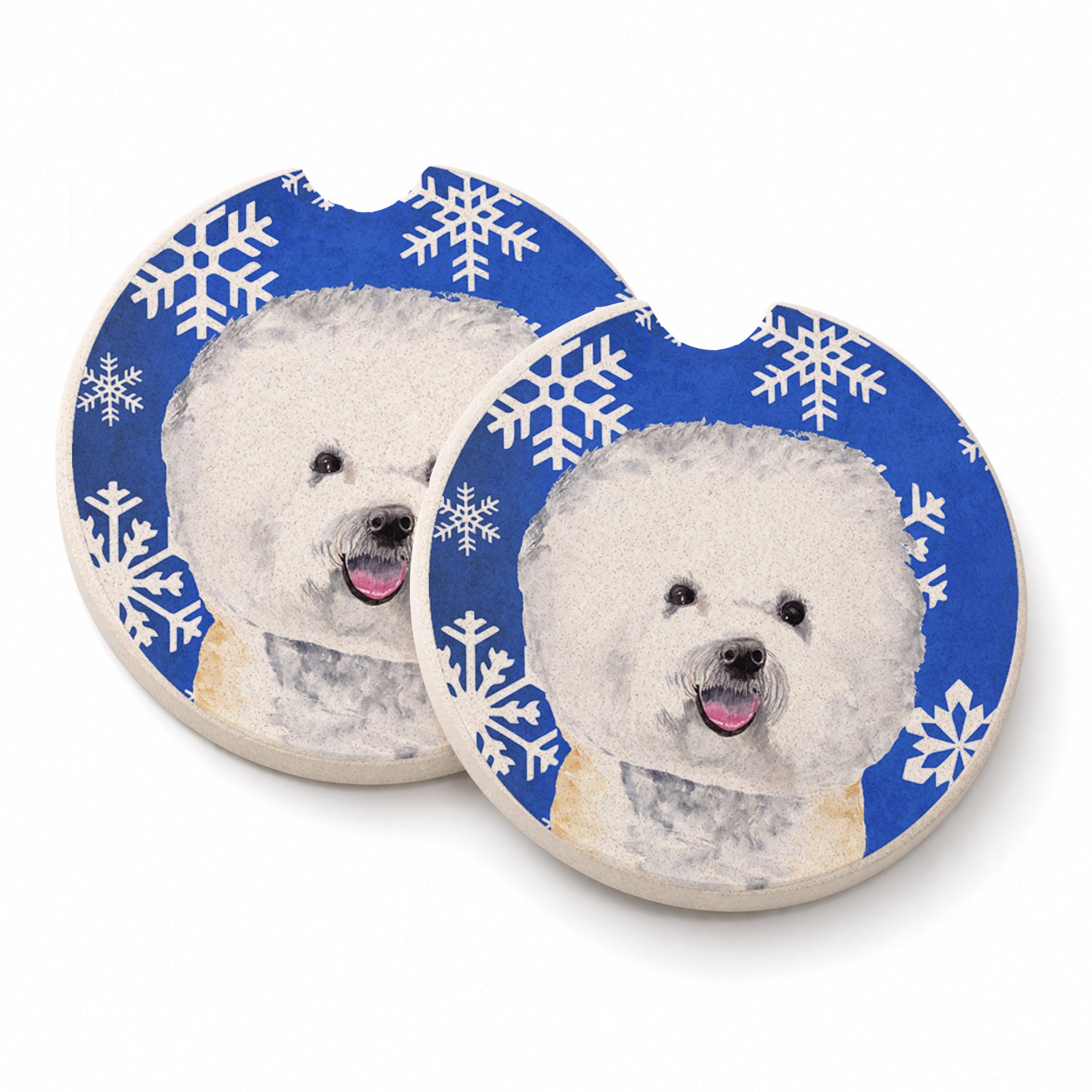Bichon Frise Winter Snowflakes Holiday Set of 2 Cup Holder Car Coasters Absorbent Round Sandstone Coasters Gifts for Men or Women, 2.5, Multicolor