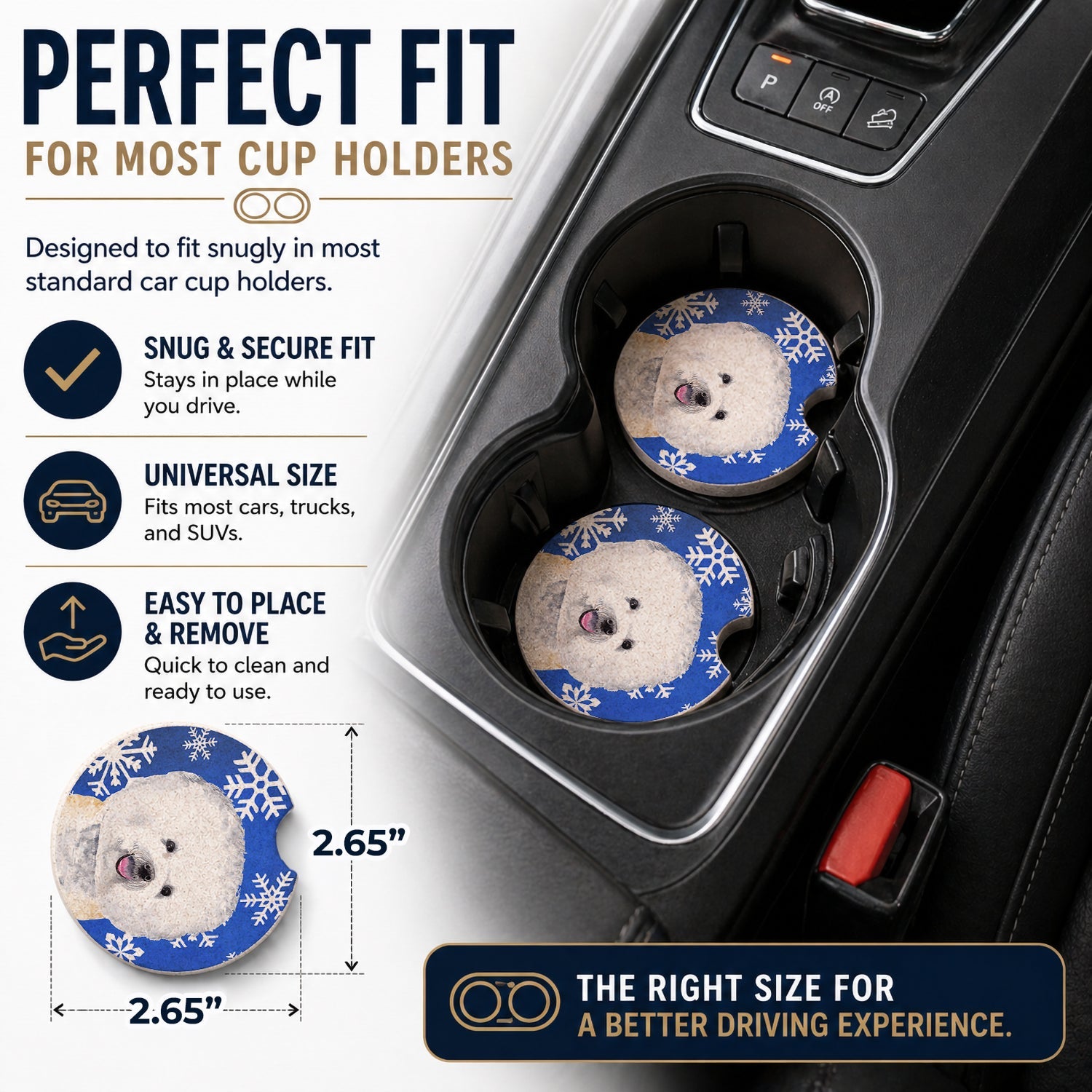 Bichon Frise Winter Snowflakes Holiday Set of 2 Cup Holder Car Coasters Absorbent Round Sandstone Coasters Gifts for Men or Women, 2.5, Multicolor