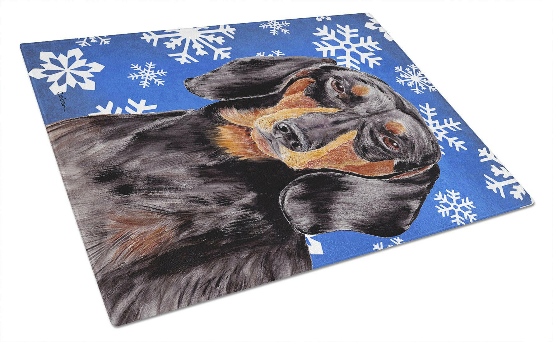 Dachshund Winter Snowflakes Holiday Cutting Board Tempered Glass Kitchen Cutting Surface, Heat Resistant Chopping, Non-Slip Feet, Food Prep & Serving