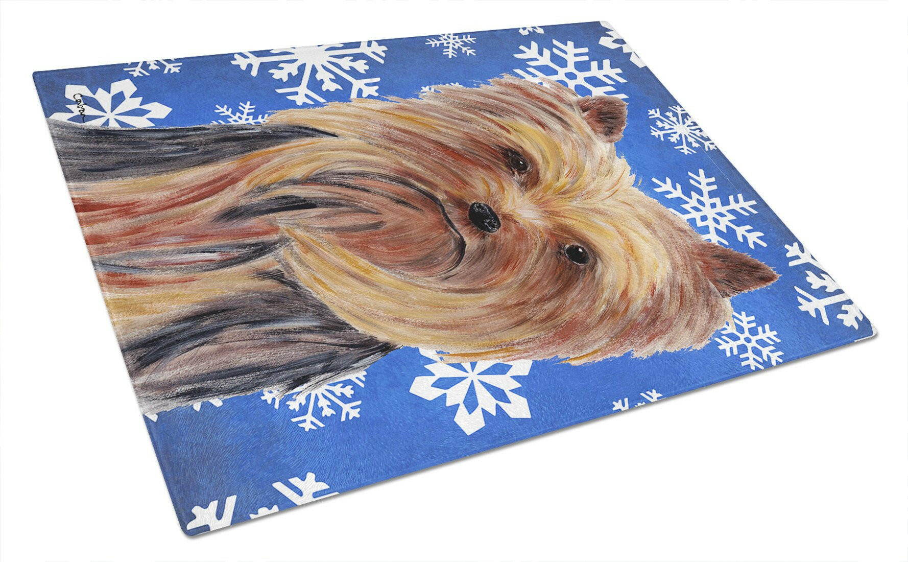 Yorkie Winter Snowflakes Holiday Cutting Board Tempered Glass Kitchen Cutting Surface, Heat Resistant Chopping, Non-Slip Feet, Food Prep & Serving