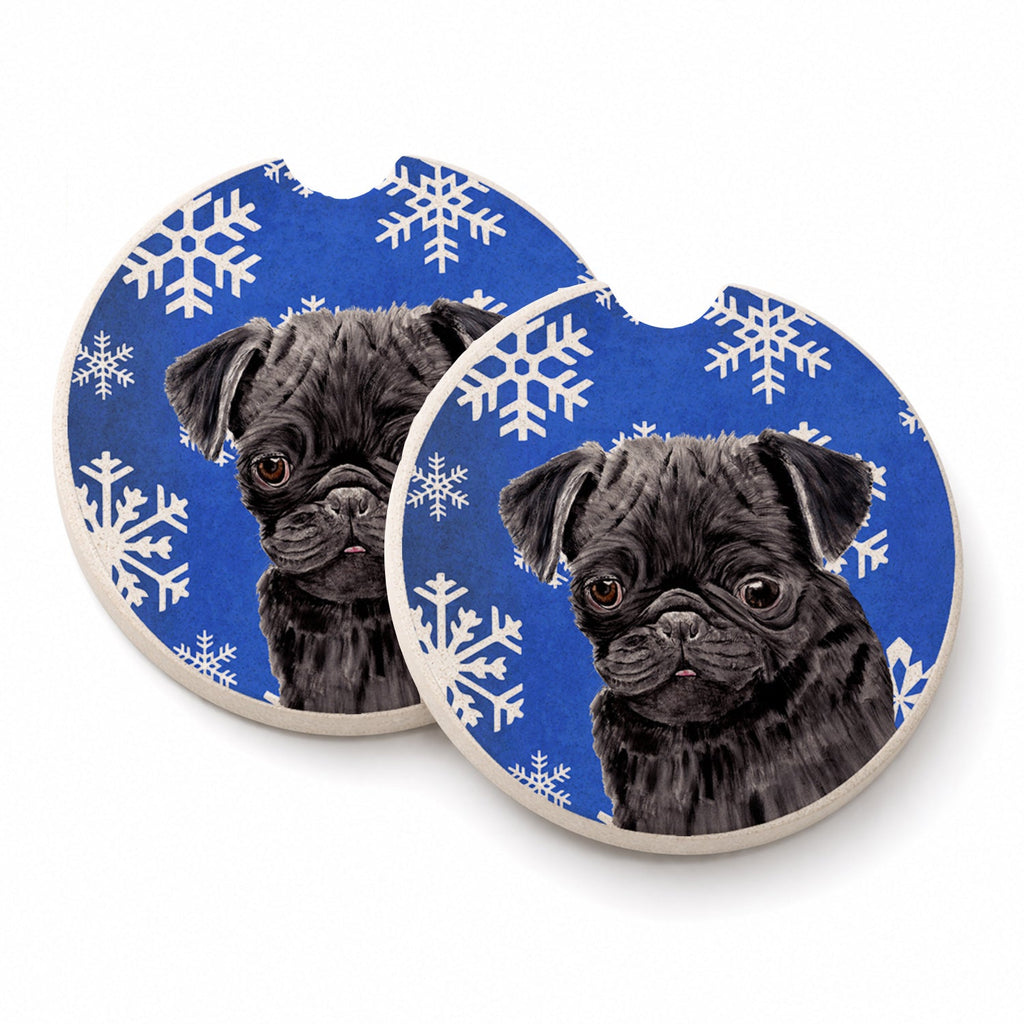 Pug Winter Snowflakes Holiday Set of 2 Cup Holder Car Coasters Absorbent Round Sandstone Coasters Gifts for Men or Women, 2.5, Multicolor
