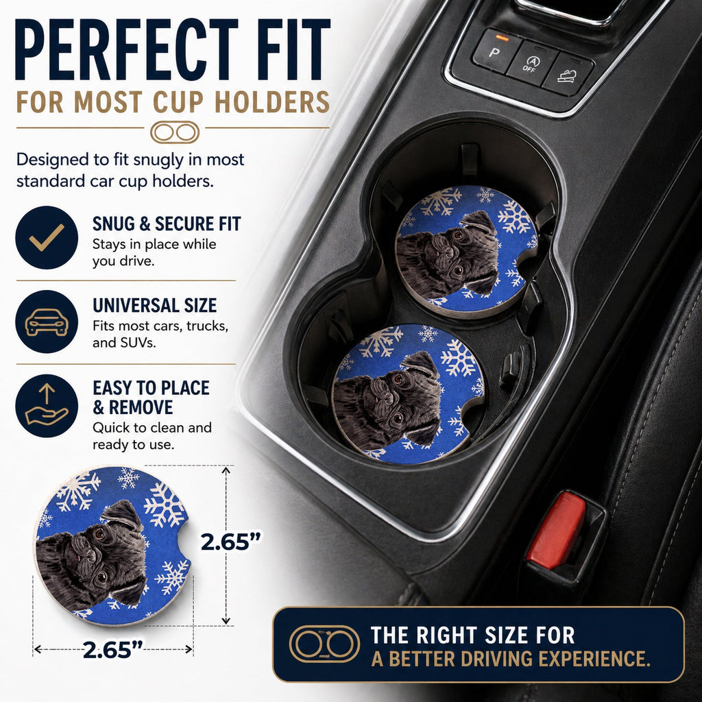 Pug Winter Snowflakes Holiday Set of 2 Cup Holder Car Coasters Absorbent Round Sandstone Coasters Gifts for Men or Women, 2.5, Multicolor