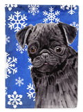 Pug Winter Snowflakes Holiday House Flag 28x40 Porch Sleeve Pole Decorative Outside Yard Banner Artwork Wall Hanging, Polyester