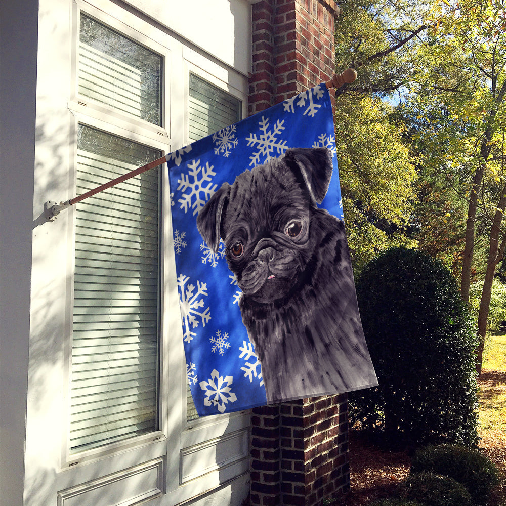 Pug Winter Snowflakes Holiday House Flag 28x40 Porch Sleeve Pole Decorative Outside Yard Banner Artwork Wall Hanging, Polyester