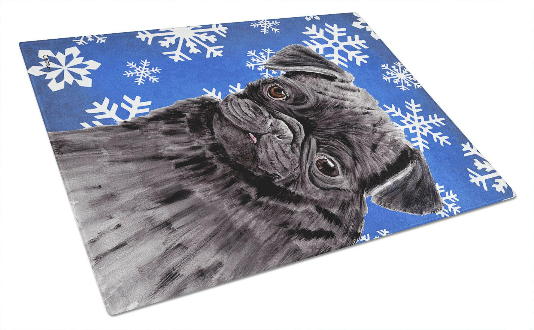 Pug Winter Snowflakes Holiday Cutting Board Tempered Glass Kitchen Cutting Surface, Heat Resistant Chopping, Non-Slip Feet, Food Prep & Serving