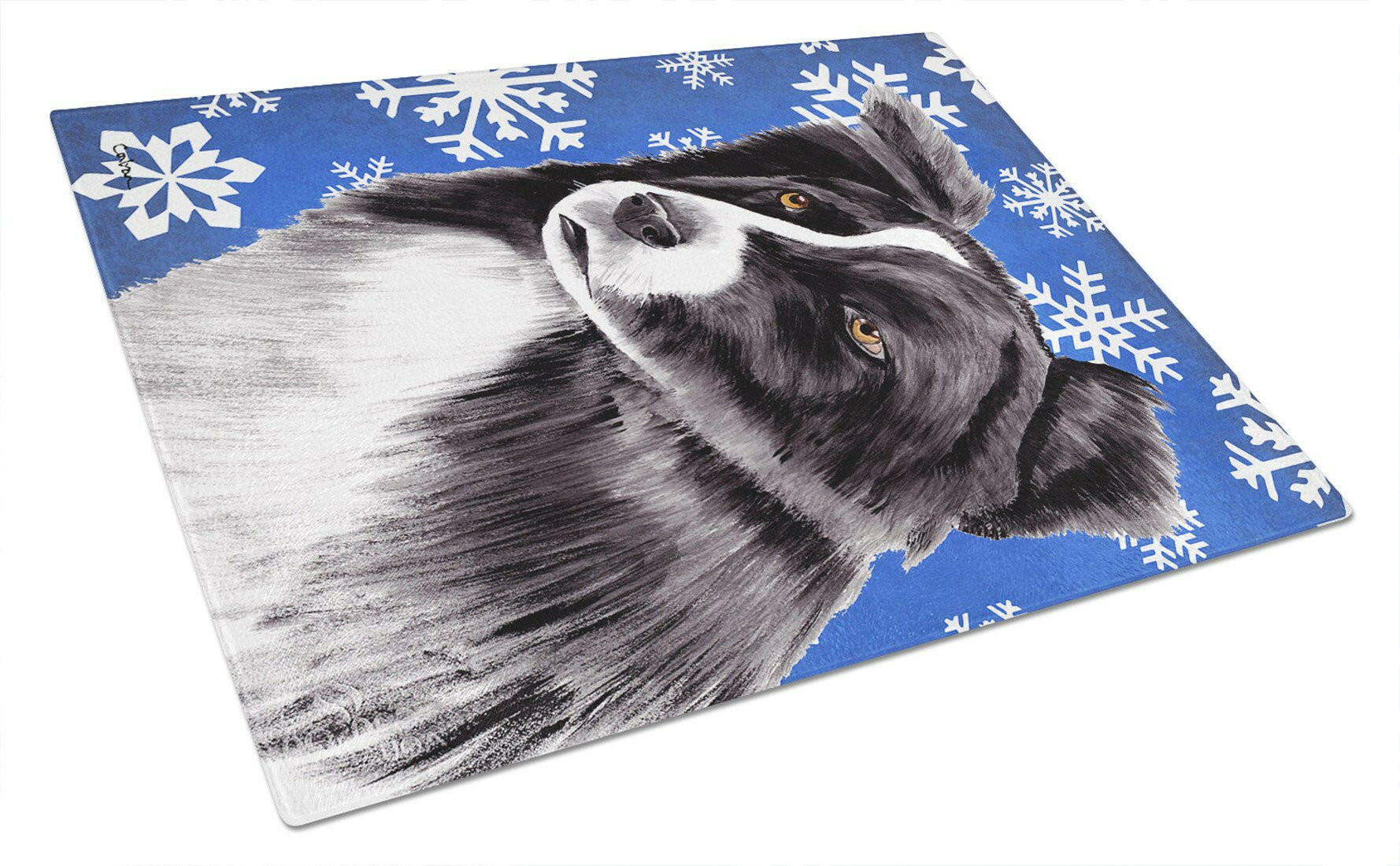 Border Collie Winter Snowflakes Holiday Cutting Board Tempered Glass Kitchen Cutting Surface, Heat Resistant Chopping, Non-Slip Feet, Food Prep & Serving