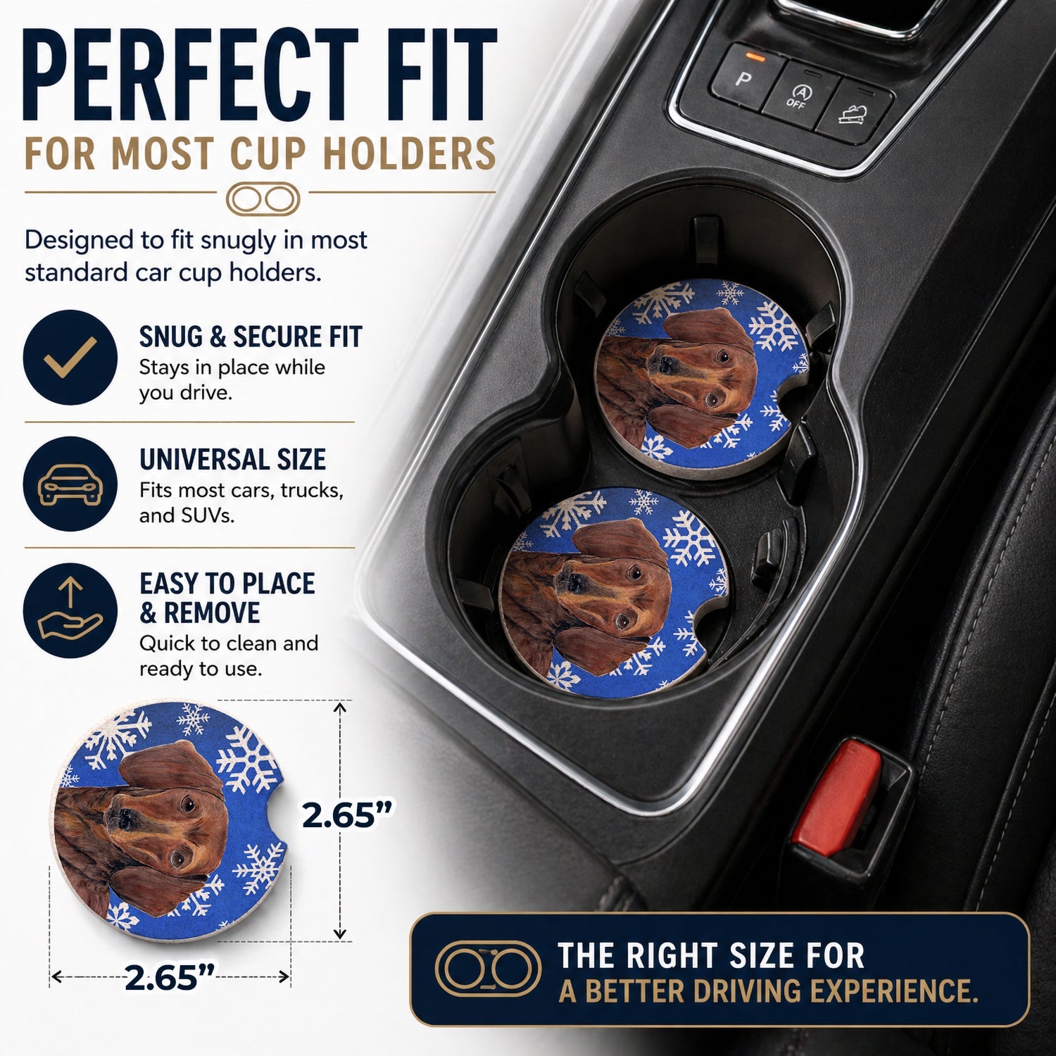 Dachshund Winter Snowflakes Holiday Set of 2 Cup Holder Car Coasters Absorbent Round Sandstone Coasters Gifts for Men or Women, 2.5, Multicolor