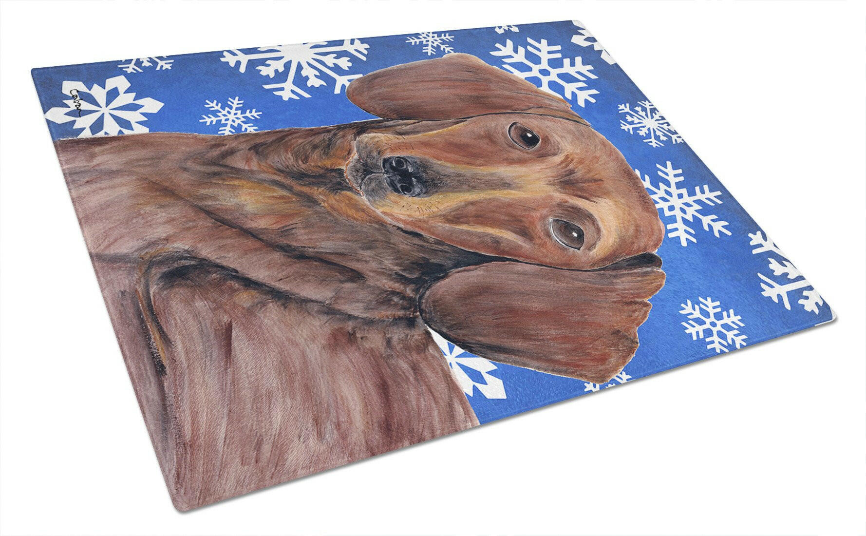 Dachshund Winter Snowflakes Holiday Cutting Board Tempered Glass Kitchen Cutting Surface, Heat Resistant Chopping, Non-Slip Feet, Food Prep & Serving