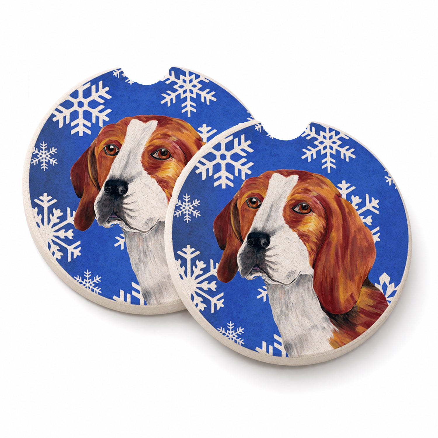 Beagle Winter Snowflakes Holiday Set of 2 Cup Holder Car Coasters Absorbent Round Sandstone Coasters Gifts for Men or Women, 2.5, Multicolor