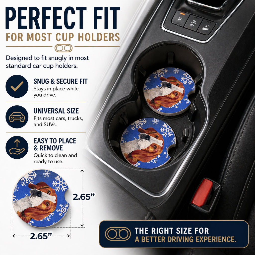 Beagle Winter Snowflakes Holiday Set of 2 Cup Holder Car Coasters Absorbent Round Sandstone Coasters Gifts for Men or Women, 2.5, Multicolor