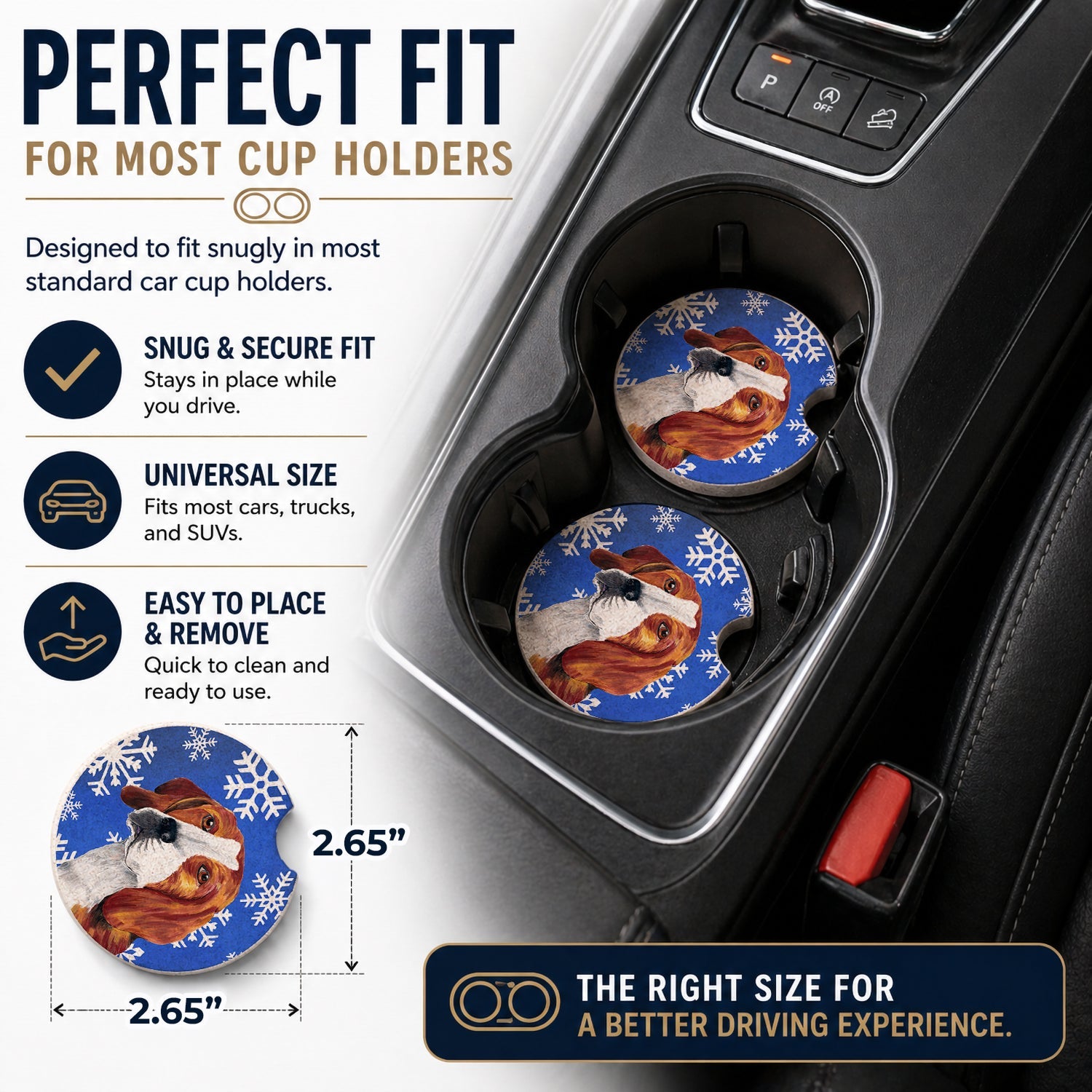 Beagle Winter Snowflakes Holiday Set of 2 Cup Holder Car Coasters Absorbent Round Sandstone Coasters Gifts for Men or Women, 2.5, Multicolor