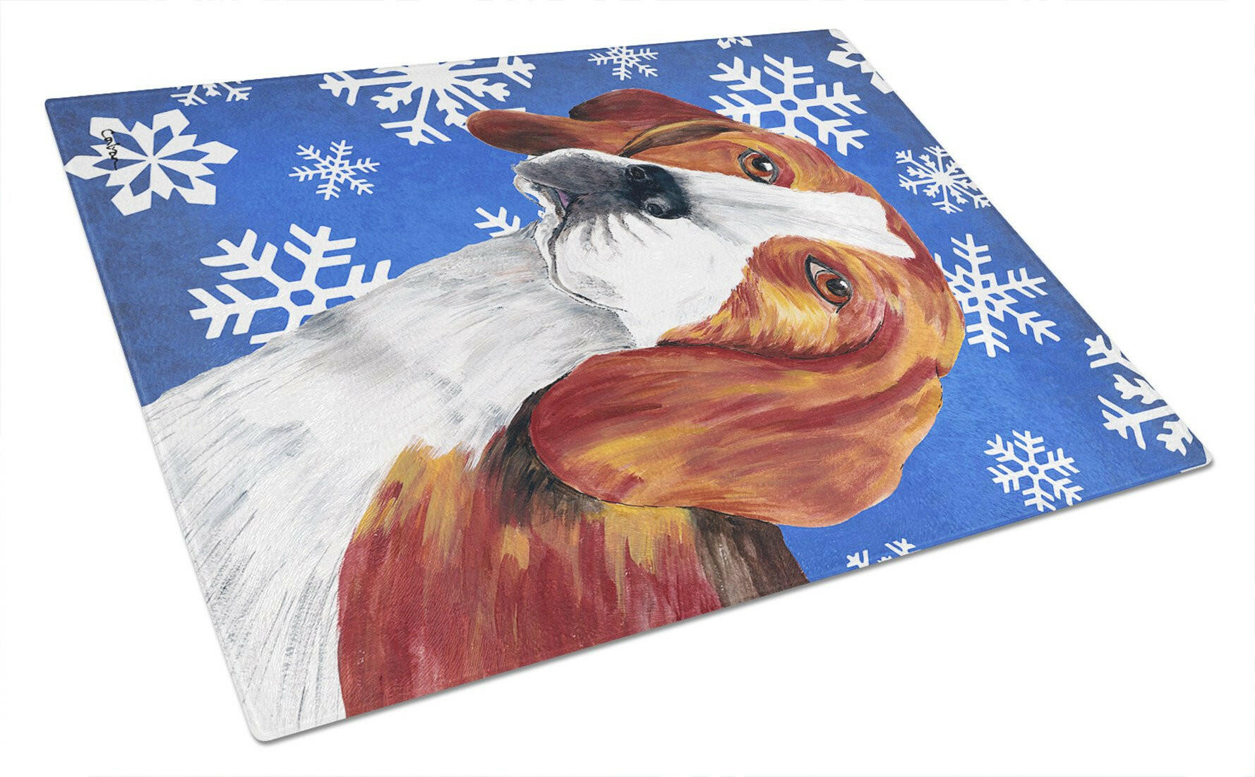 Beagle Winter Snowflakes Holiday Cutting Board Tempered Glass Kitchen Cutting Surface, Heat Resistant Chopping, Non-Slip Feet, Food Prep & Serving