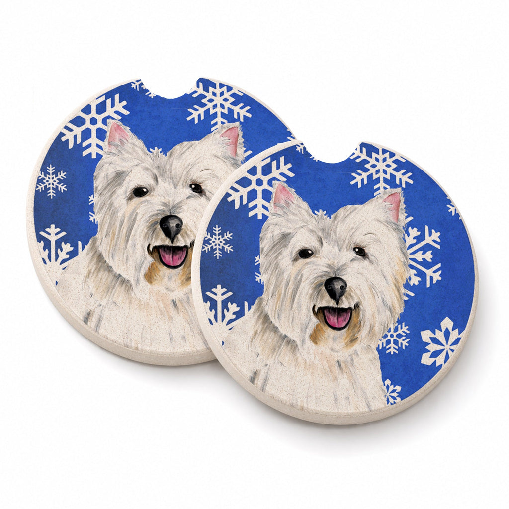 Westie Winter Snowflakes Holiday Set of 2 Cup Holder Car Coasters Absorbent Round Sandstone Coasters Gifts for Men or Women, 2.5, Multicolor