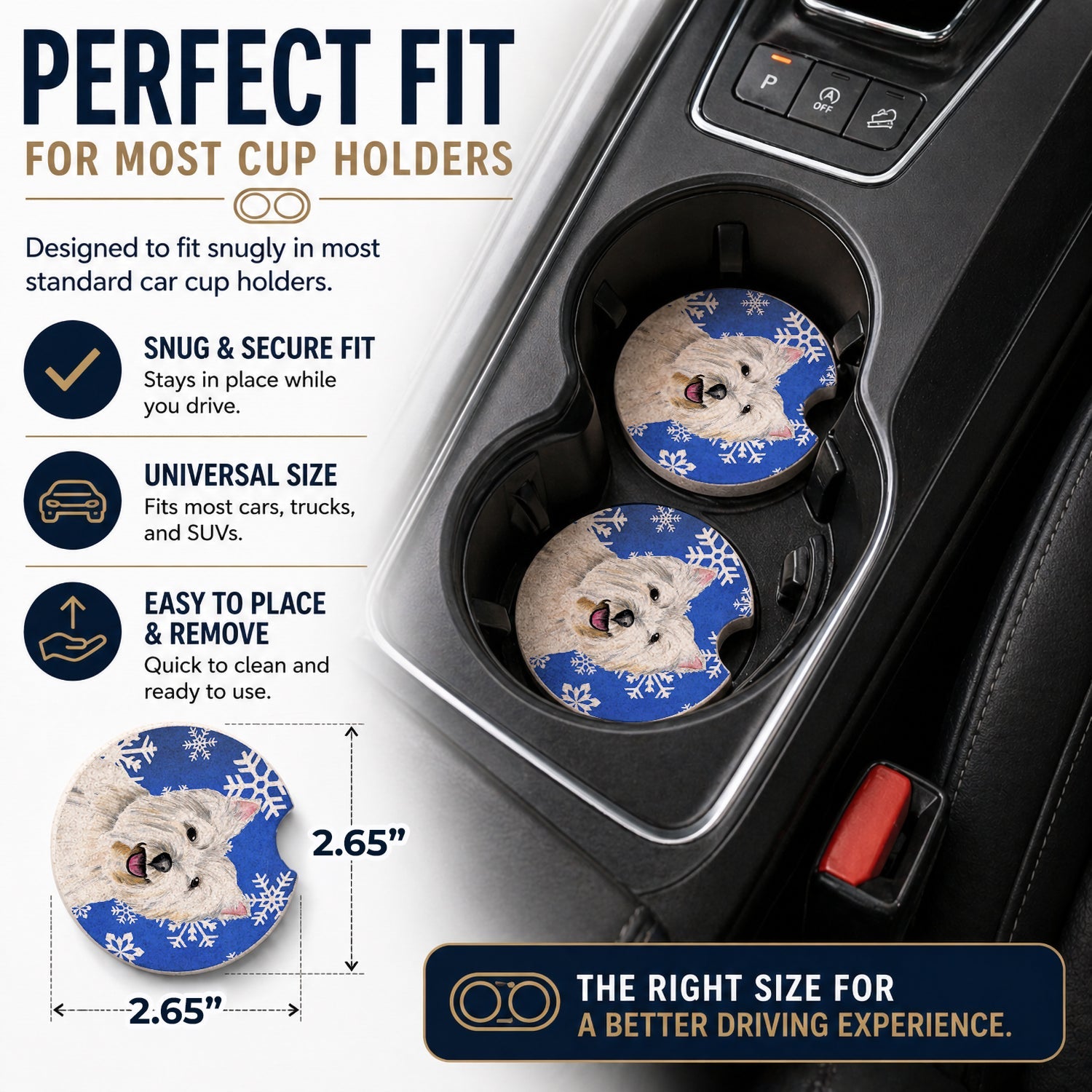 Westie Winter Snowflakes Holiday Set of 2 Cup Holder Car Coasters Absorbent Round Sandstone Coasters Gifts for Men or Women, 2.5, Multicolor