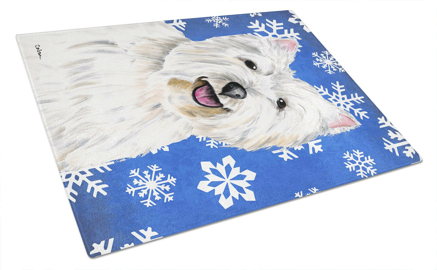 Westie Winter Snowflakes Holiday Cutting Board Tempered Glass Kitchen Cutting Surface, Heat Resistant Chopping, Non-Slip Feet, Food Prep & Serving