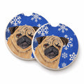 Pug Winter Snowflakes Holiday Set of 2 Cup Holder Car Coasters Absorbent Round Sandstone Coasters Gifts for Men or Women, 2.5, Multicolor