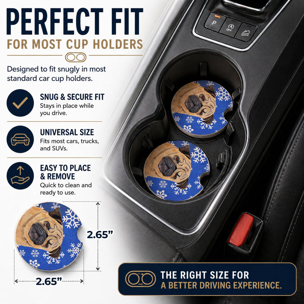 Pug Winter Snowflakes Holiday Set of 2 Cup Holder Car Coasters Absorbent Round Sandstone Coasters Gifts for Men or Women, 2.5, Multicolor