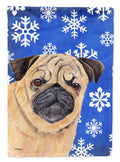Pug Winter Snowflakes Holiday House Flag 28x40 Porch Sleeve Pole Decorative Outside Yard Banner Artwork Wall Hanging, Polyester